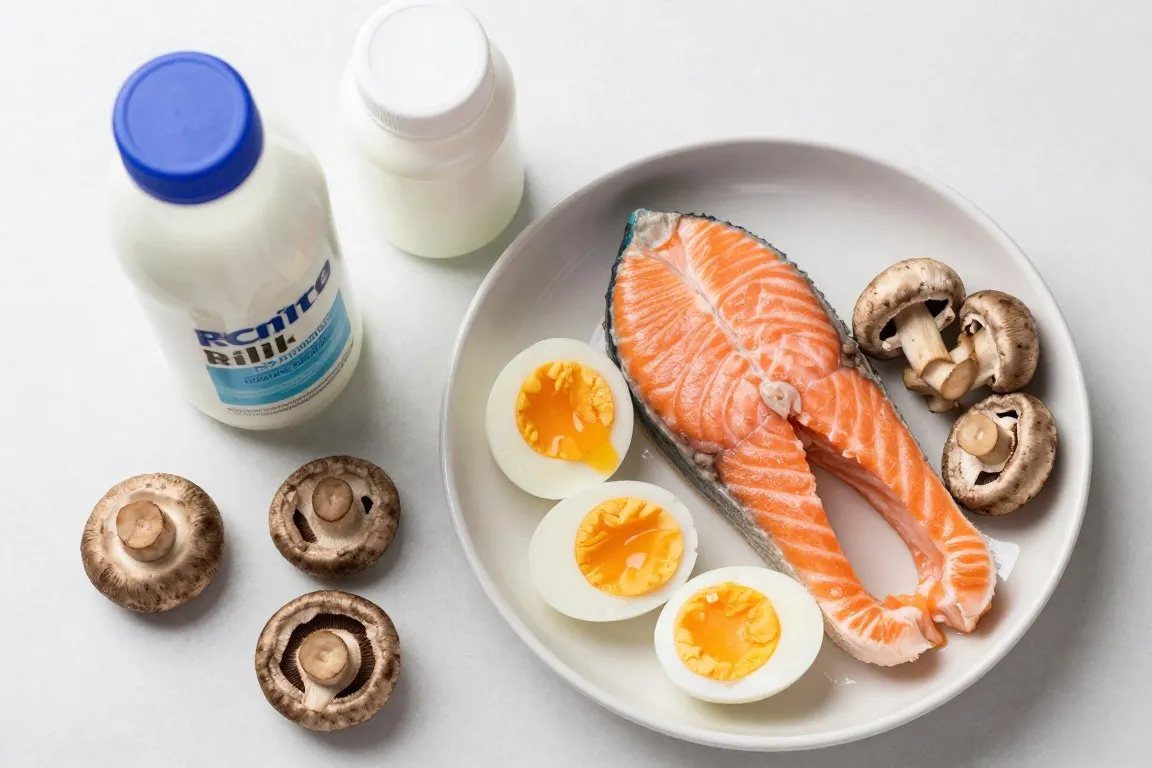 Fortified milk, salmon, eggs, and prenatal vitamin representing vitamin supplementation in pregnancy