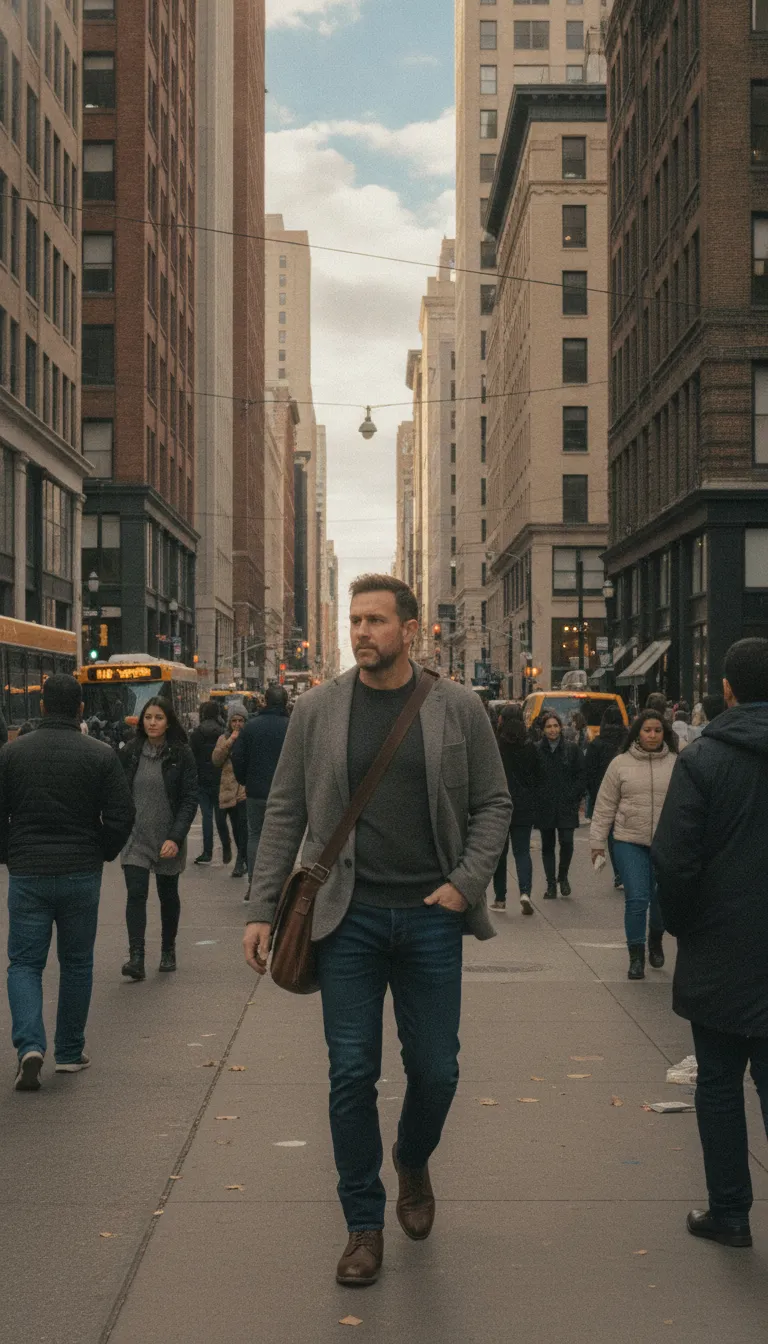 man walking confidently through a downtown street