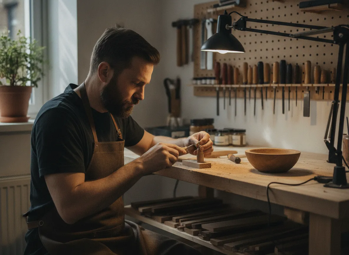 man working carefully at a craft bench