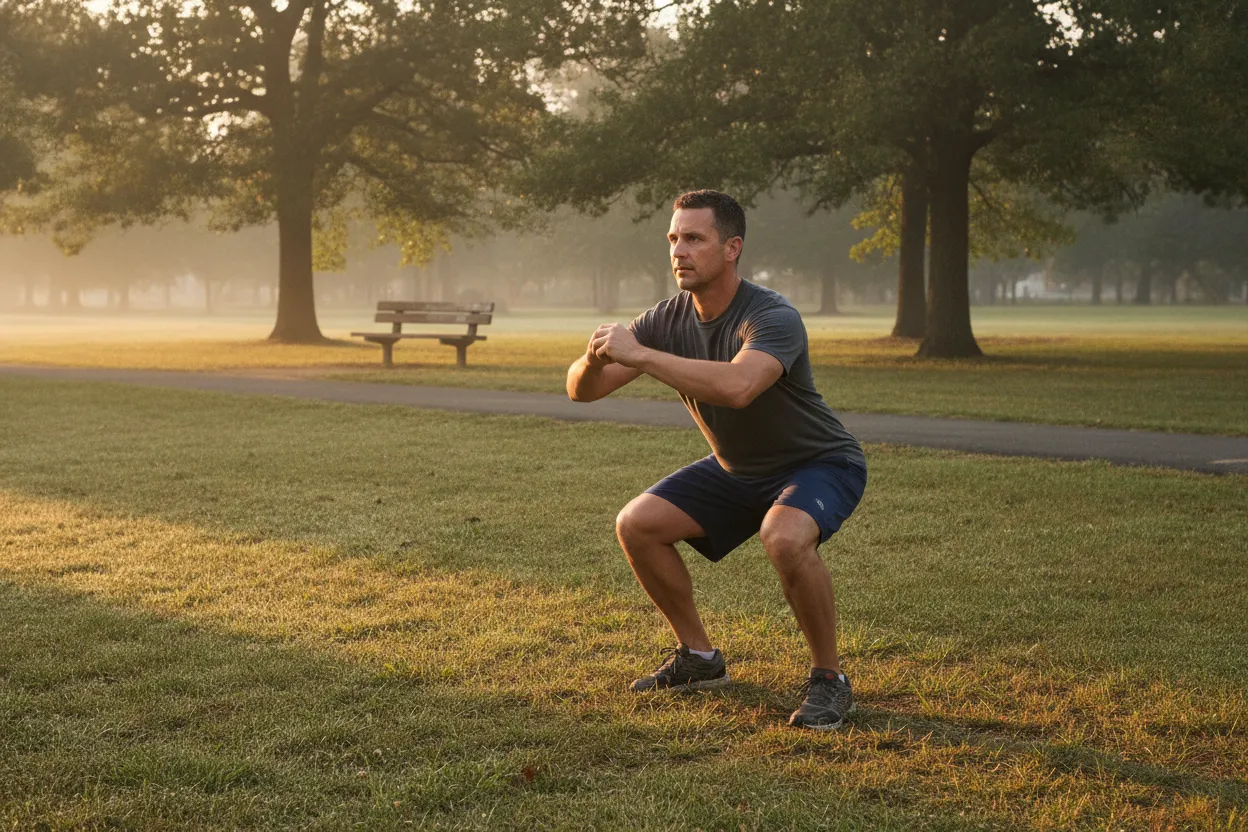 man exercising in a modest outdoor setting