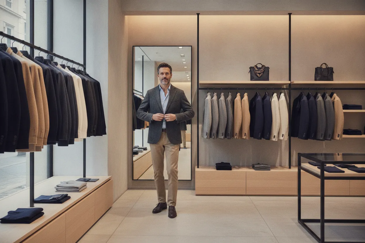 man selecting a tailored jacket in a clothing store