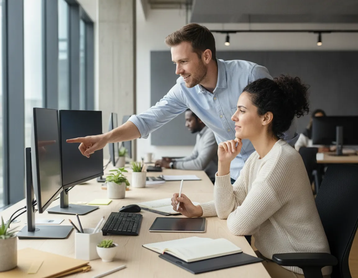 man helping a colleague solve a work problem