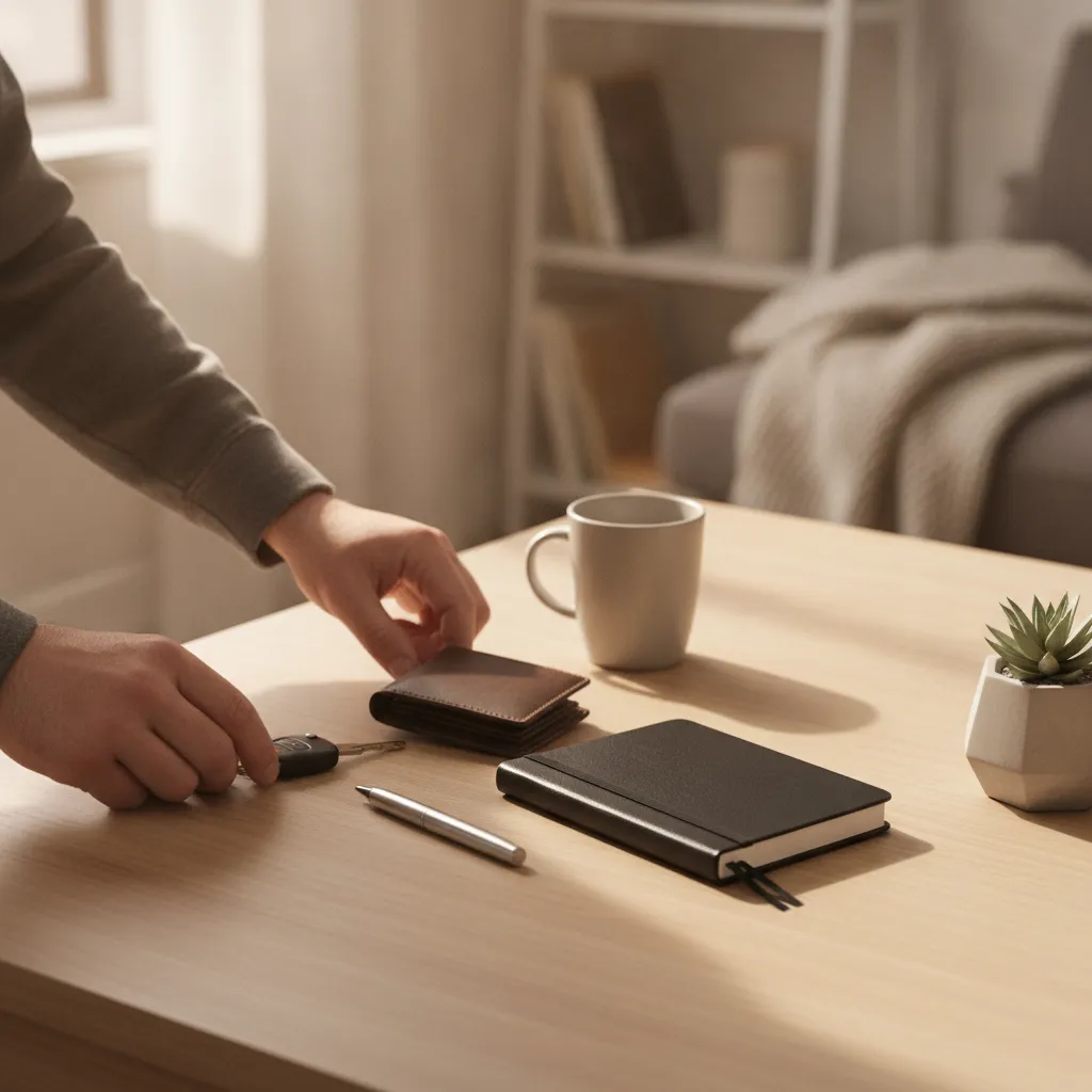 man placing keys and wallet beside a notebook at home
