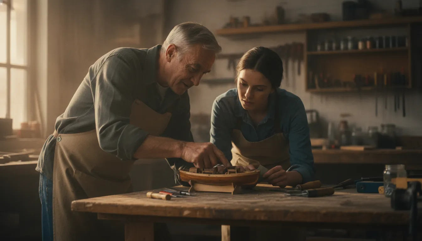 older man mentoring a younger adult at a worktable