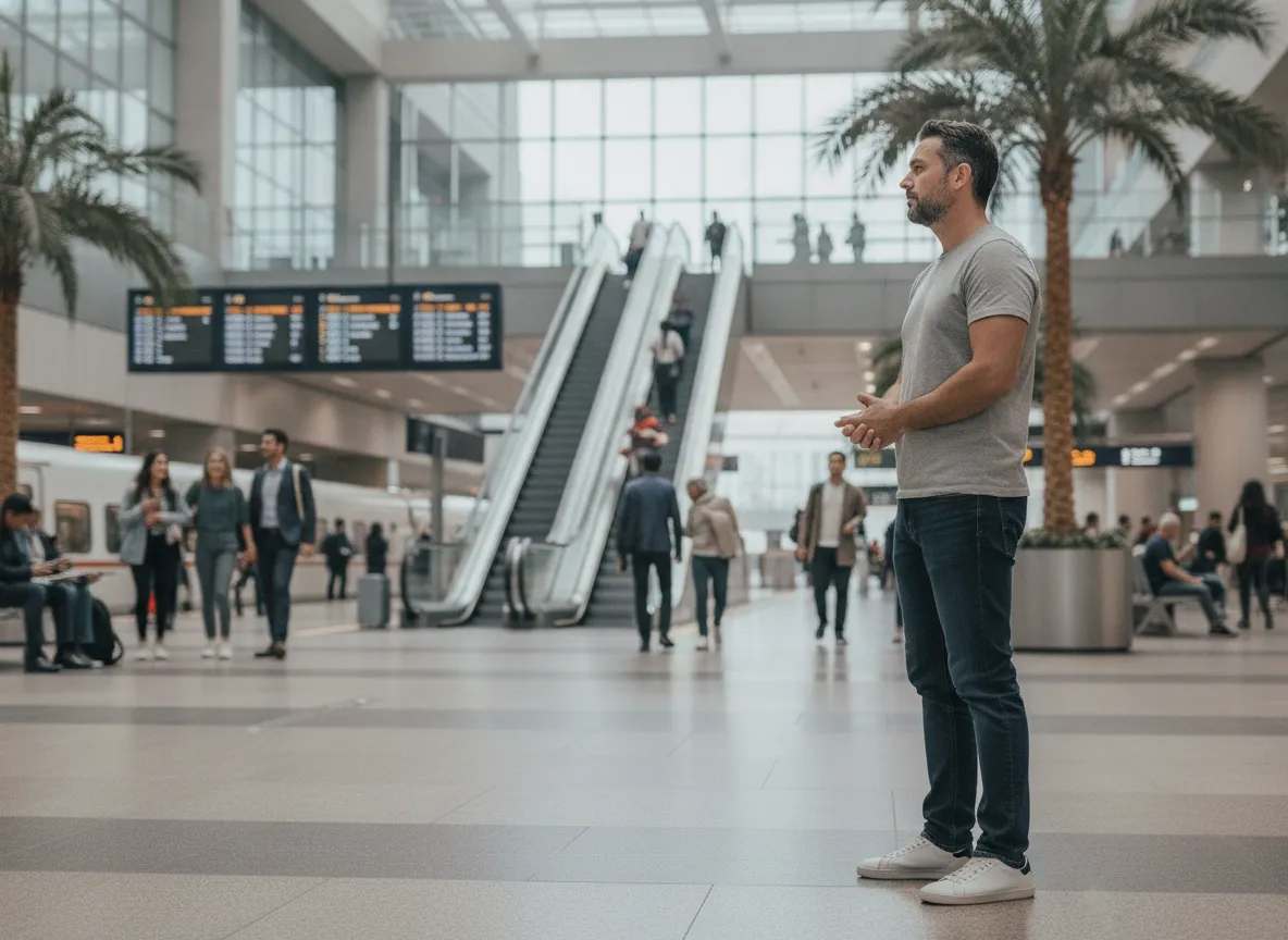 man waiting calmly in a city transit station
