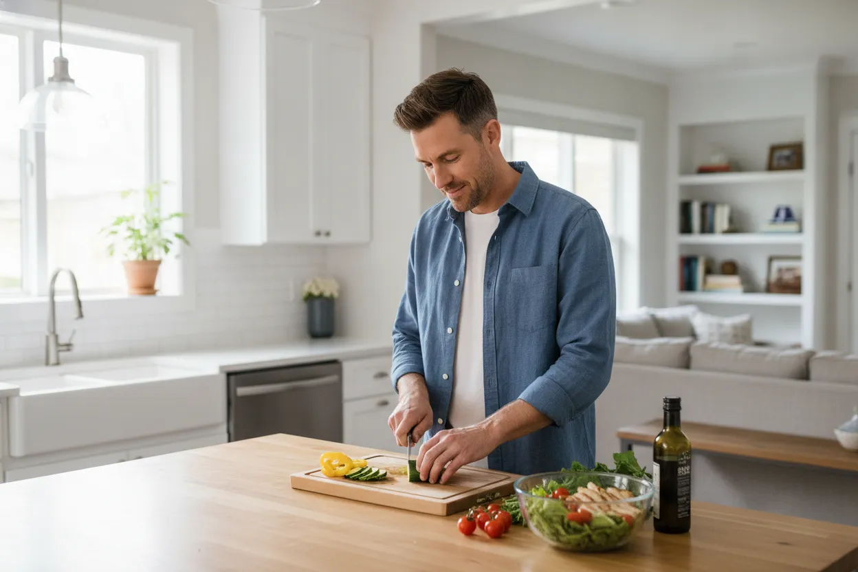 man preparing a healthy meal in a home kitchen