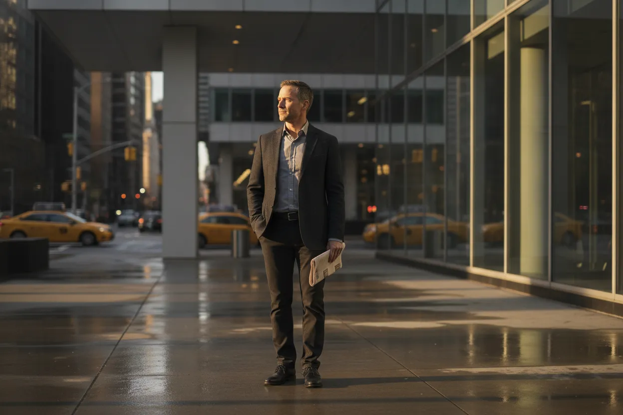 man standing outside a modern office after work