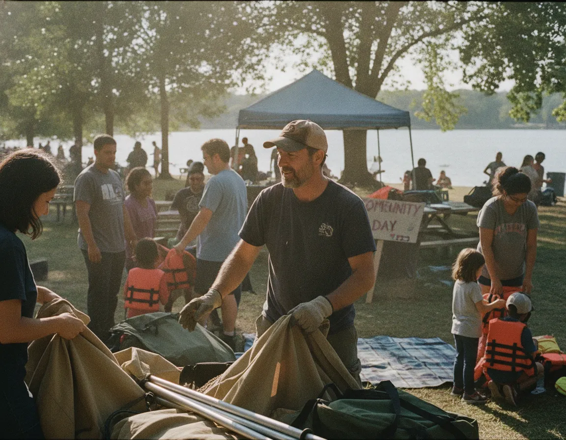 man helping organize equipment for a community activity