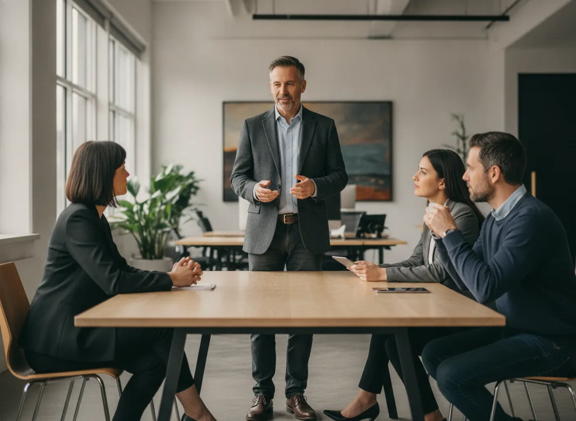 man speaking calmly with colleagues in a modern workplace