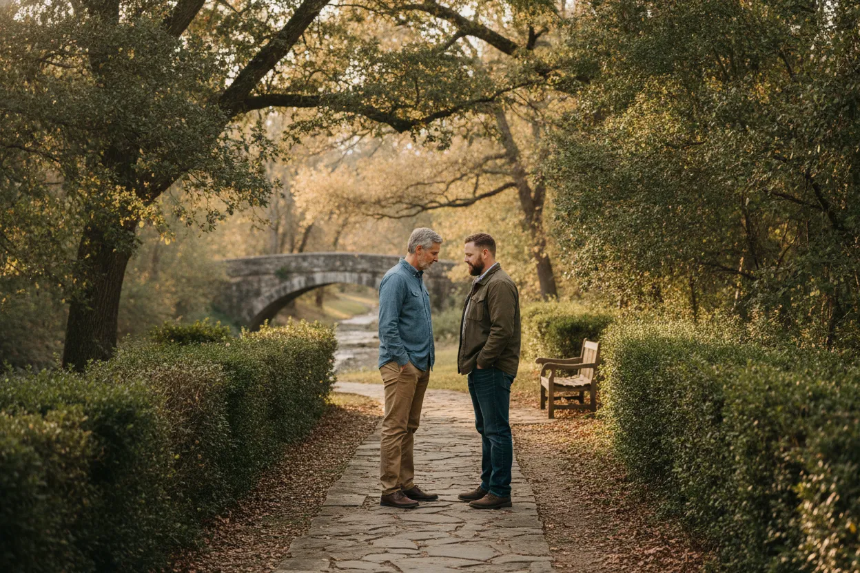 father and adult son having a thoughtful conversation outdoors