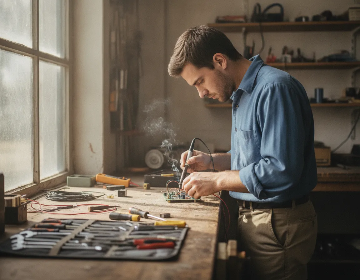 young man practicing a skill in a bright workshop