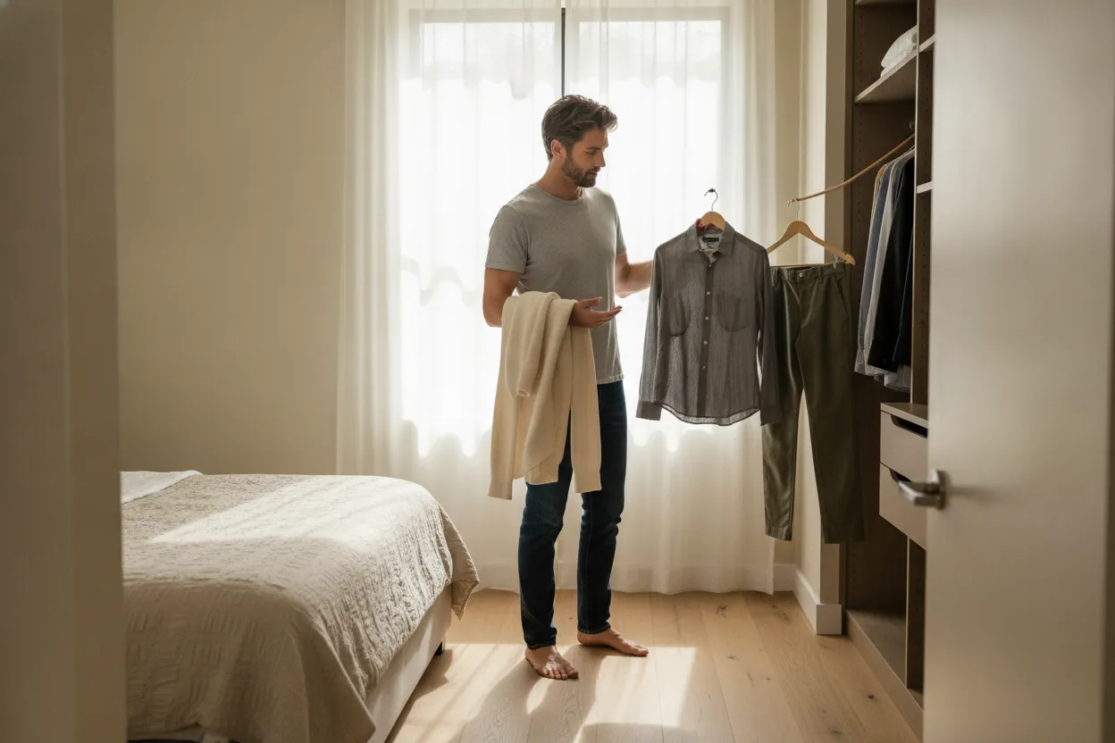 well-dressed man choosing simple clothing in a modern room