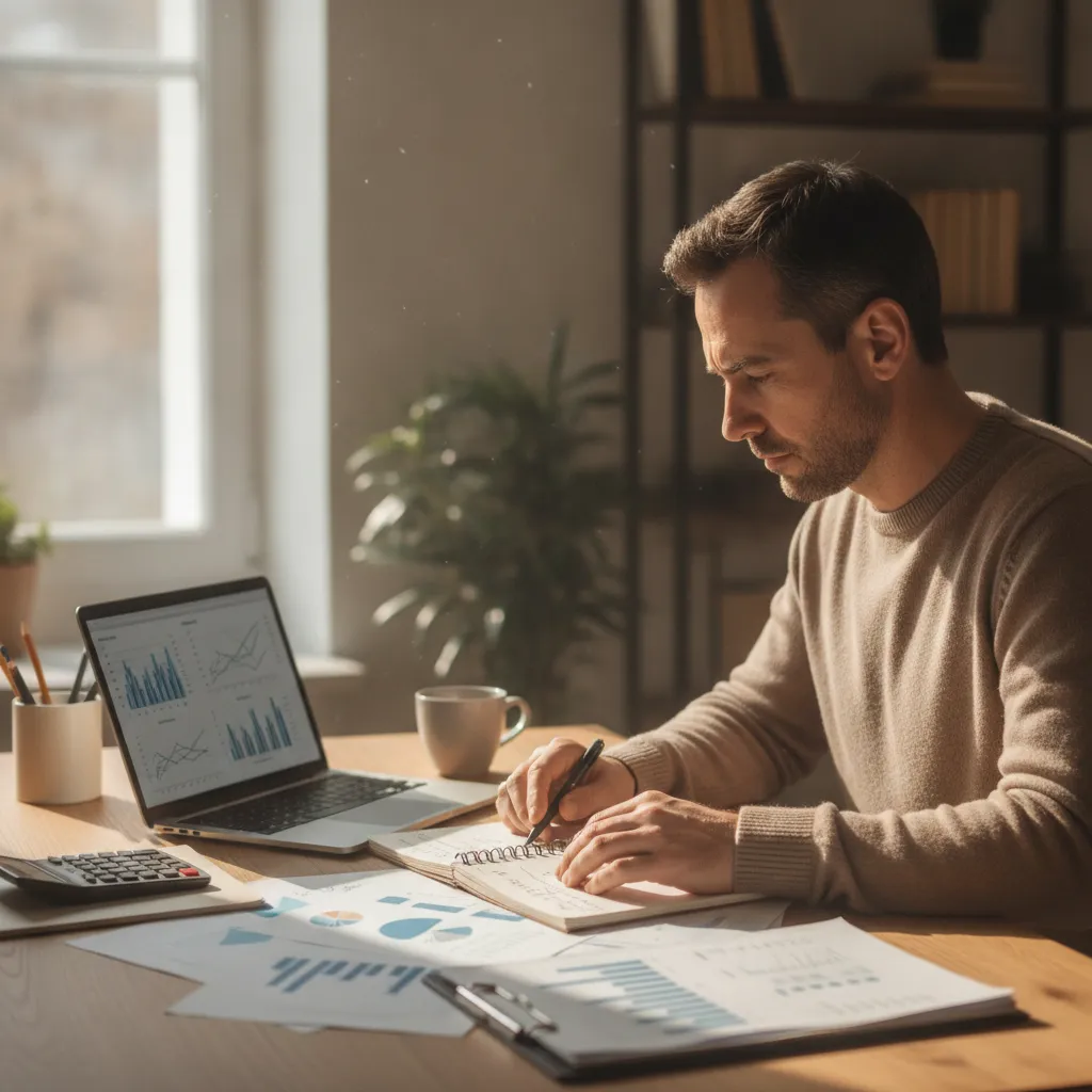man reviewing personal finances at a home desk