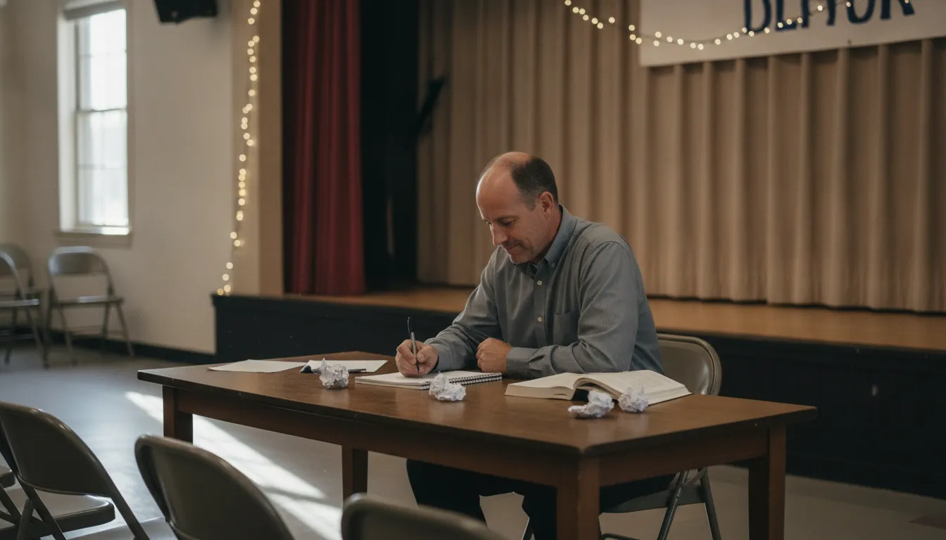 man preparing notes before speaking at a community event